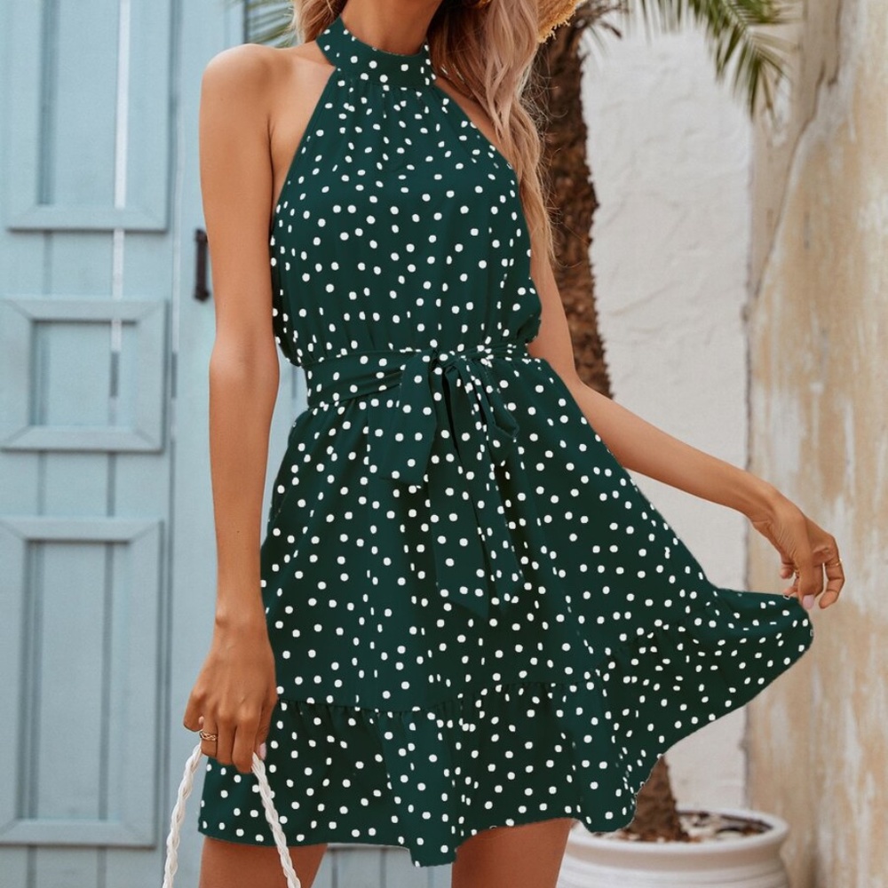 boho polka dot belted ruffle hem halter mini dress - Picture 7 of 12